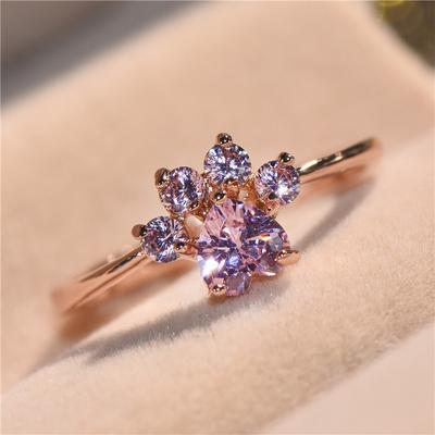 Heart Cut Pink Stone CZ Claw Cat Dog Paw Ring Rose Gold Color Engagement Princess Adjustable Ring Wedding Band Ring Valentine's Day Gift