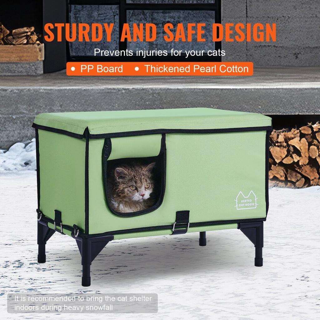 Elevated Heated Cat House Cuboid Kitty Shelter with Heated Pad Green (M)