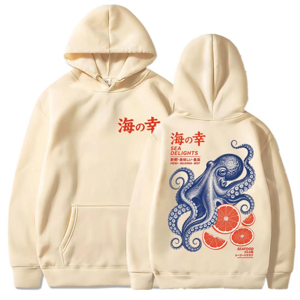 Japanese Style Octopus Ocean Sea Life Graphic Print Hoodie Men Women Hip Hop Vintage Streetwear Punk Soft Sweatshirt Loose Cozy and Versatile