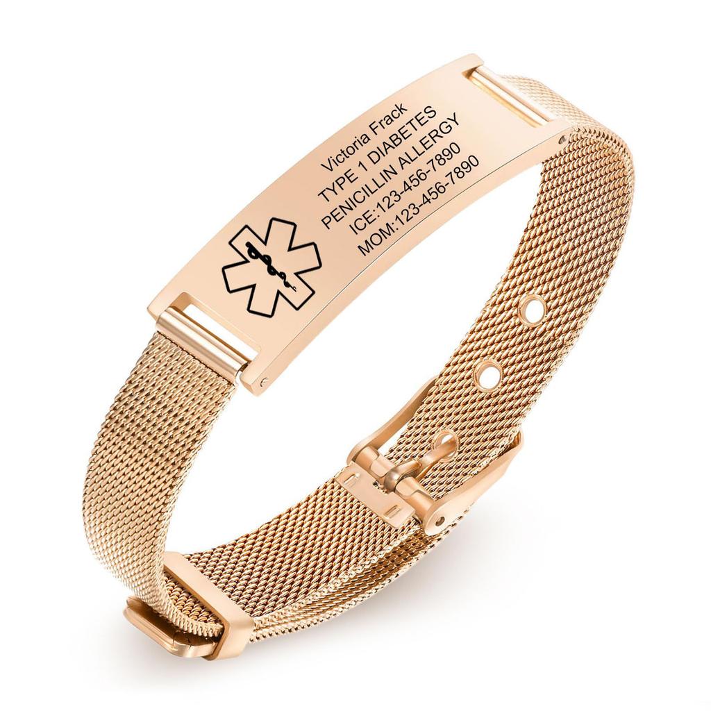 Rose Gold Bend Engraving Bracelet Medical Information Engraving Adjustable Stainless Steel Strap Rose Gold Bend Bracelet