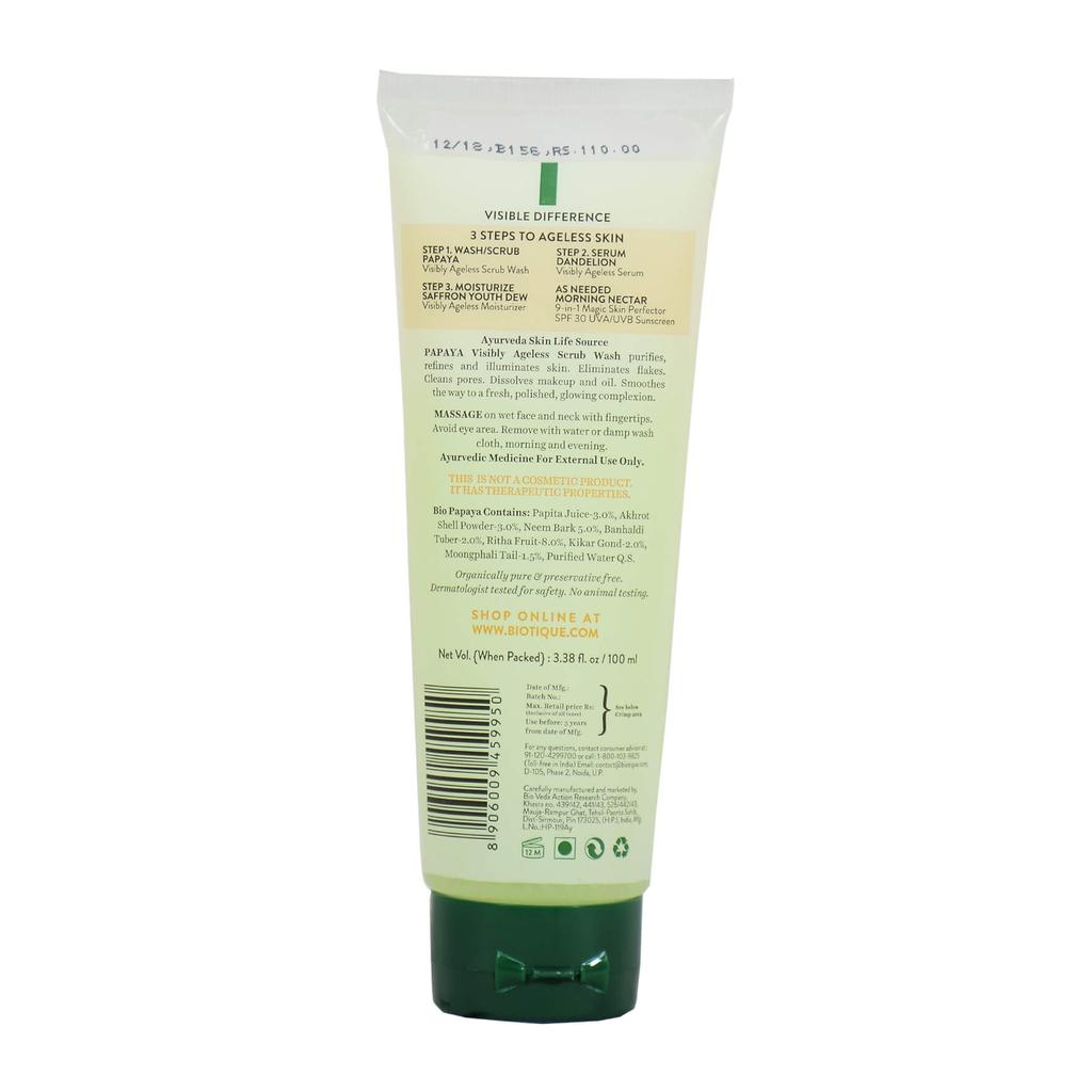 Facial Scrub with Papaya: Rejuvenating (100 G), Bio Papaya Visibly Ageless Scrub Wash, Biotique