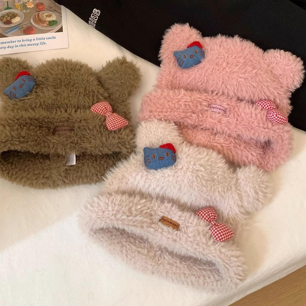 Cute Kitty Cat Plush Knitted Hat Women's Thickened Warm and Cold Woolen Hat Showing Small Face Ear Protection Hat