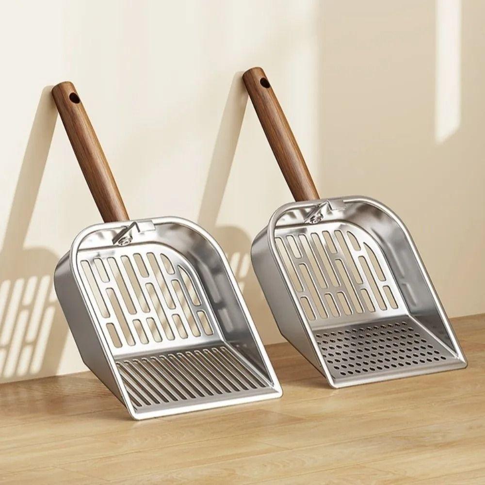 Stainless Steel Cat Litter Scoop Wooden Handle Long Handled Litter Box Shovel Deep Shovel Hollow Design