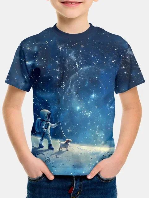 2024 Summer Boys T Shirts Cartoon Universe Astronaut Planets Children's Clothing Fashion T Shirts Baby Boys Tops Tees Clothes