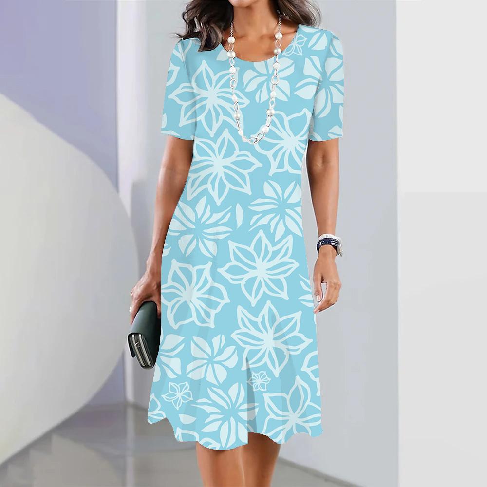 Damen Sommerkleid Kurzarm Blau Floral 3D-Druck Rundhalsausschnitt Mode Partykleid