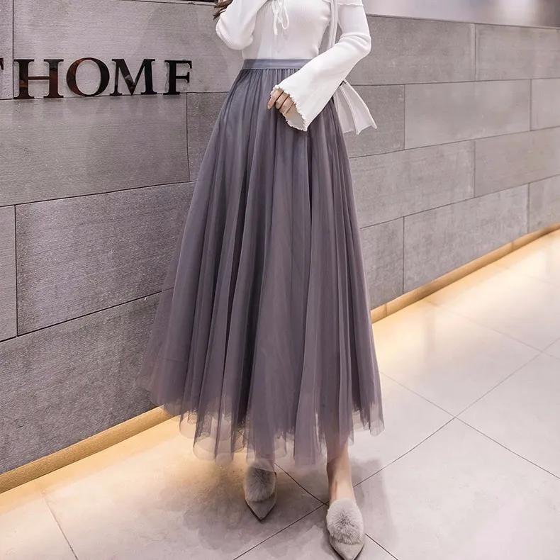 Gonna in Tulle a Tre Strati Design Primaverile Donna Vita Alta Lunghezza Media Gonna Gonfia Monocolore Elegante Gonna da Principessa Gonna Pieghettata a Linea ad A