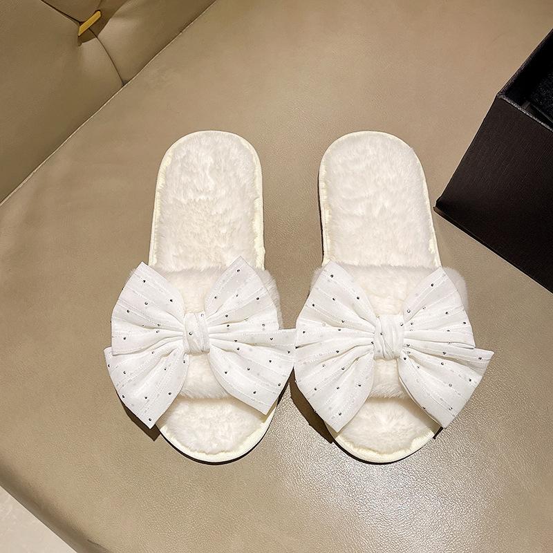 Cotton Household Home Fluffy Warm Ins Slippers Slippers Indoor Plush Open Drag Bow Cotton Slippers
