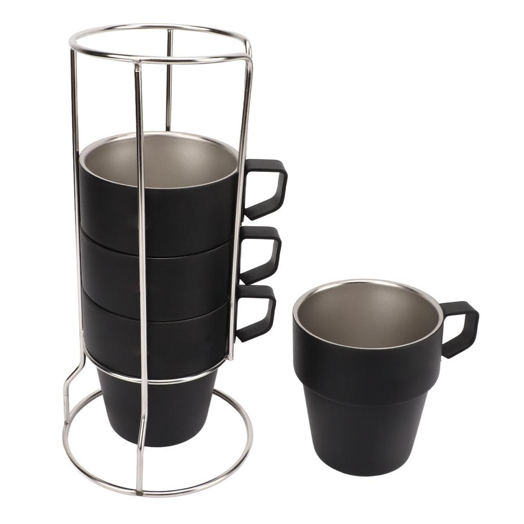 4PCS Camping Double Layer Cups Stainless Steel Food Grade Plastic Spraying Stackable Coffee Cup for Picnic Black