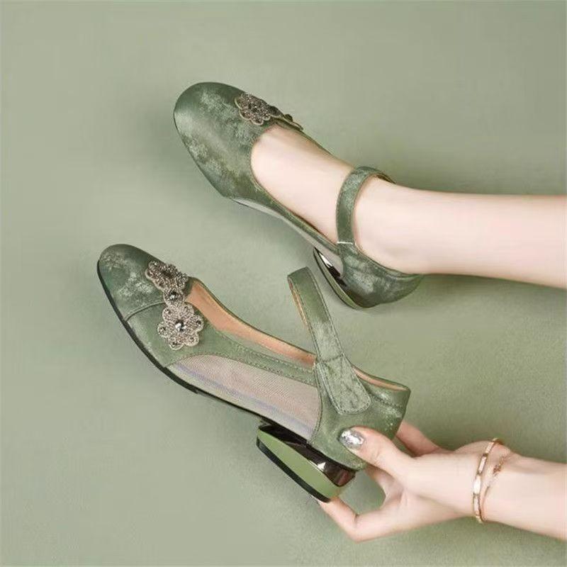 Mesh hollow single shoes women's summer new medium round head leather shoes flat shoes with skirt sandals