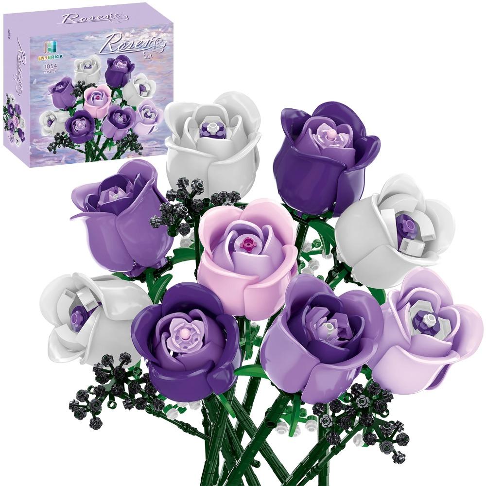 Purple Rose Bouquet Building Blocks - DIY Artificial Flower Bricks, Romantic Decor, Valentine/Easter/Mother's Day Gift