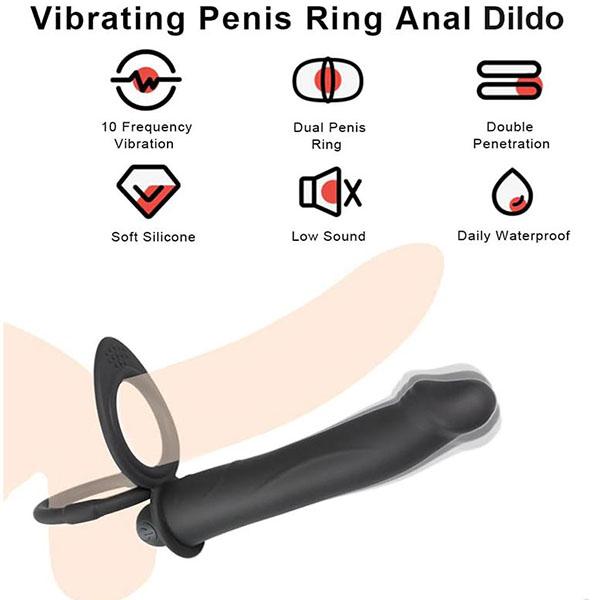 Vibrační dildo s dvojitou penetrací a kroužky na penis Strap-on vibrátor s dvojitou penetrací a kroužky na penis pro muže