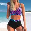 Women's Halter Two Thick Stripes Print Bikini Tankini Swimsuit
