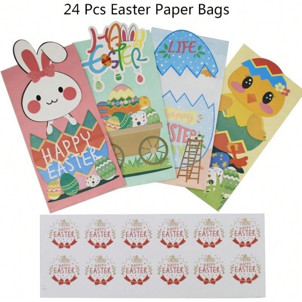 24 Pcs Easter Paper Bags, 24 Pcs Easter Stickers, Easter Goodie Bag Party Supplies for Classrooms, Party Favors, Kraft Holiday Goody.