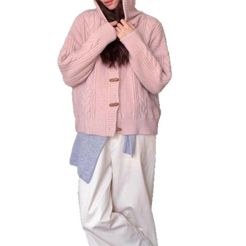 Soft Waxy Loose Hooded Horn Buckle Sweater Women's New Autumn and Winter Small Knitted Cardigan Jacket