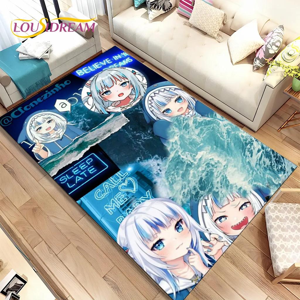 Gawr Gura Hololive Niedlicher Anime-Teppich, groß, Teppich für Wohnzimmer, Schlafzimmer, Sofa, Fußmatte, Dekoration, rutschfeste Bodenmatte für Kinder