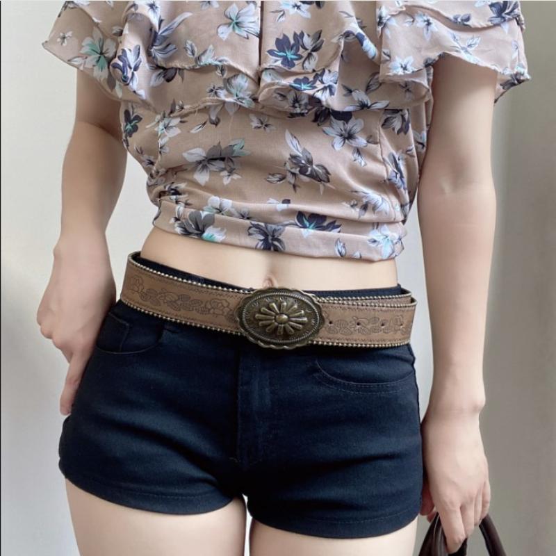 Vintage Carved Buckle Pu Wide Belts Boho Brown Embossed Waistband Western Jeans Pants Belt
