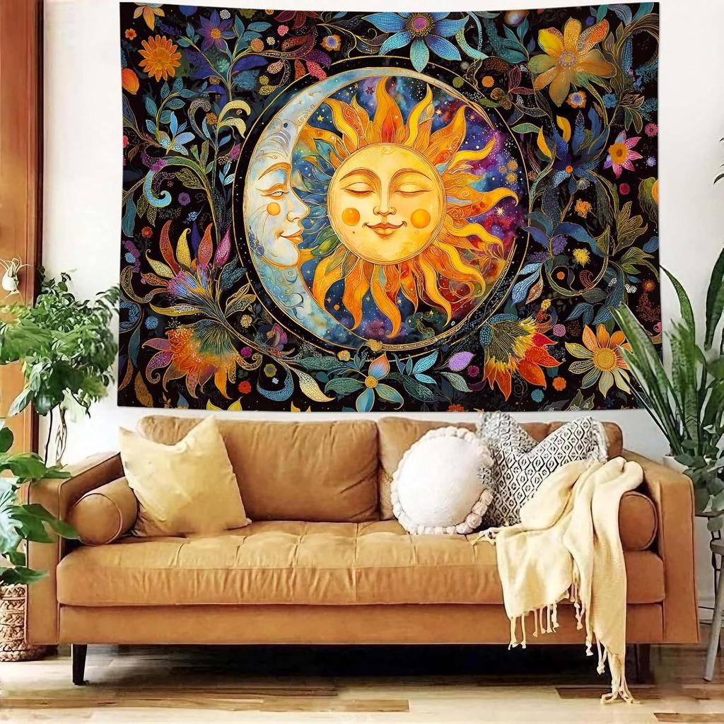 Wegklazax Abstract Sun and Moon Floral Tapestry, Bohemian Hippie Cosmic Wall Art for Room Decor, Artistic Nature Home Decor
