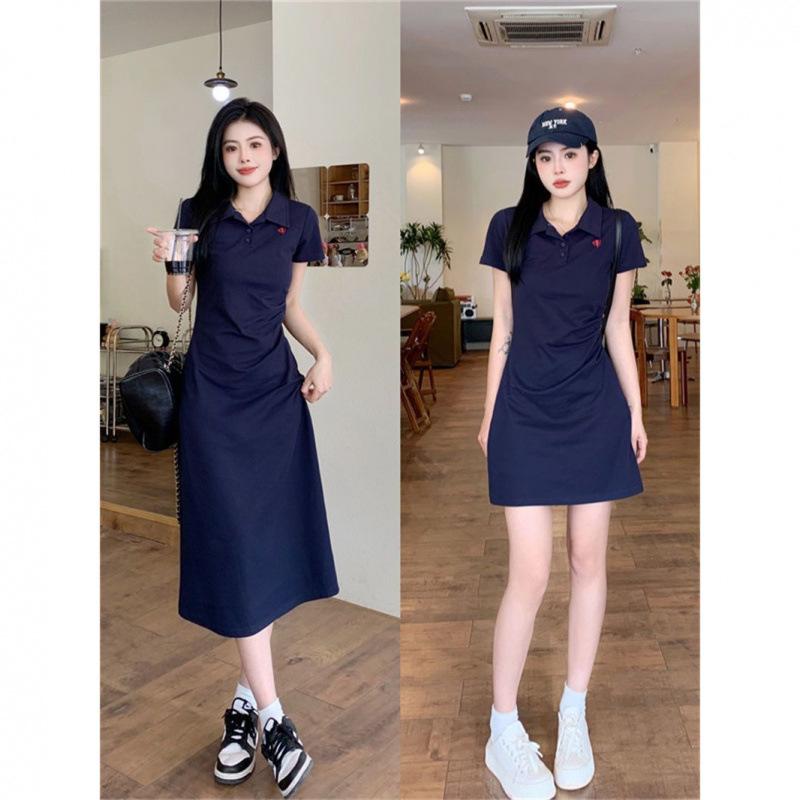 Women's Embroidered Polo Collar Short-Sleeved T-Shirt Dress - Waist-Cinching Slim Summer Long Skirt, Academy Style.