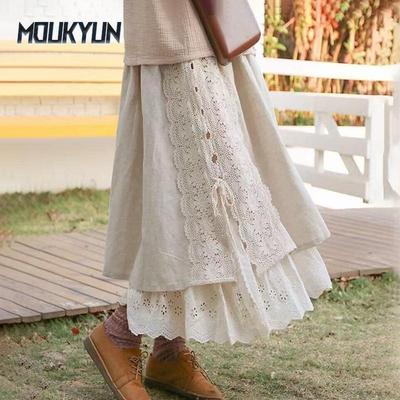 Vintage Mori Cotton Linen Patchwork Lace Skirt Spring All Match Elastic Waist Japanese A-Linen Women Skirts