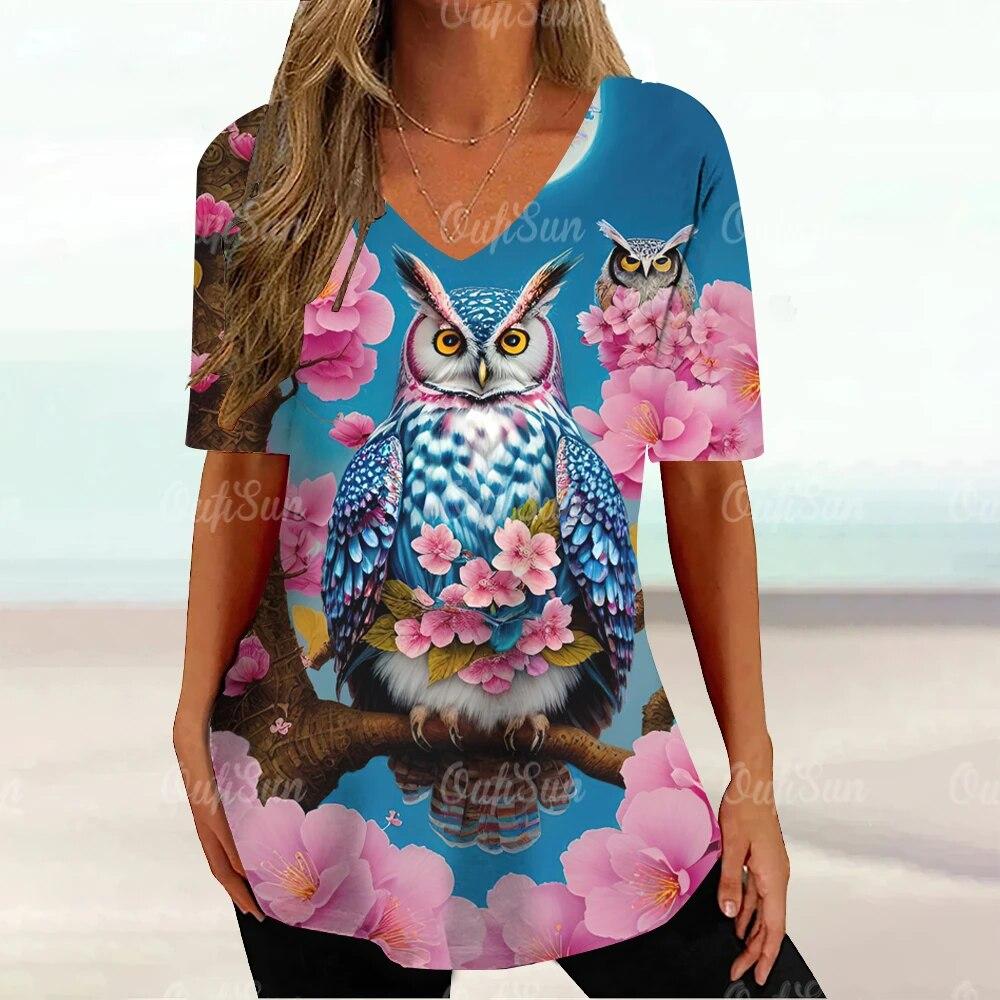Dámská trička Vintage sova Zvířecí grafický potisk Tričko Letní móda Výstřih do V Krátký rukáv Top Trička Oversized Dámské tričko Oblečení