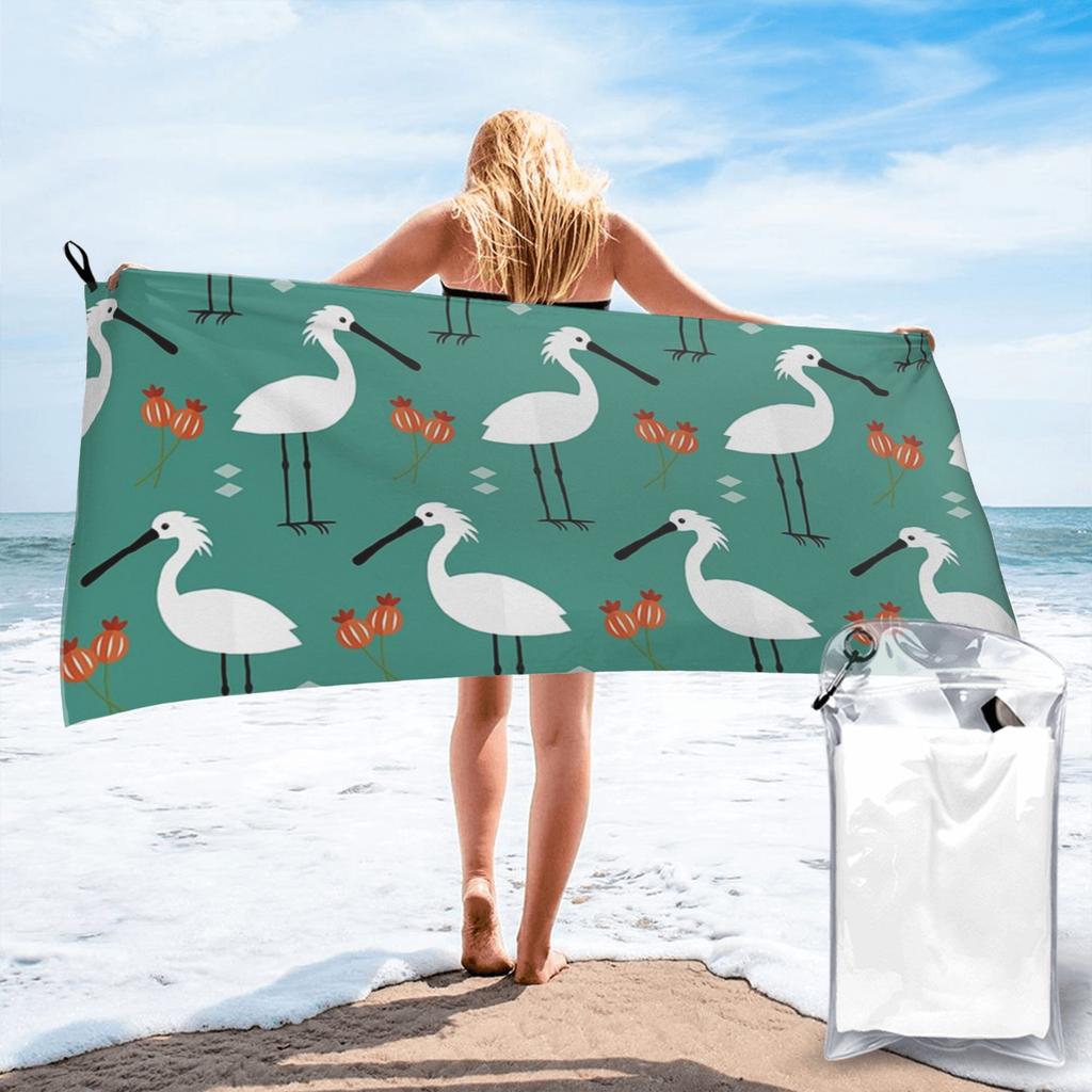 Spoonbills on blue Beach Towel Soft Microfiber Quick Dry Absorbent Quick Towels For Swimming