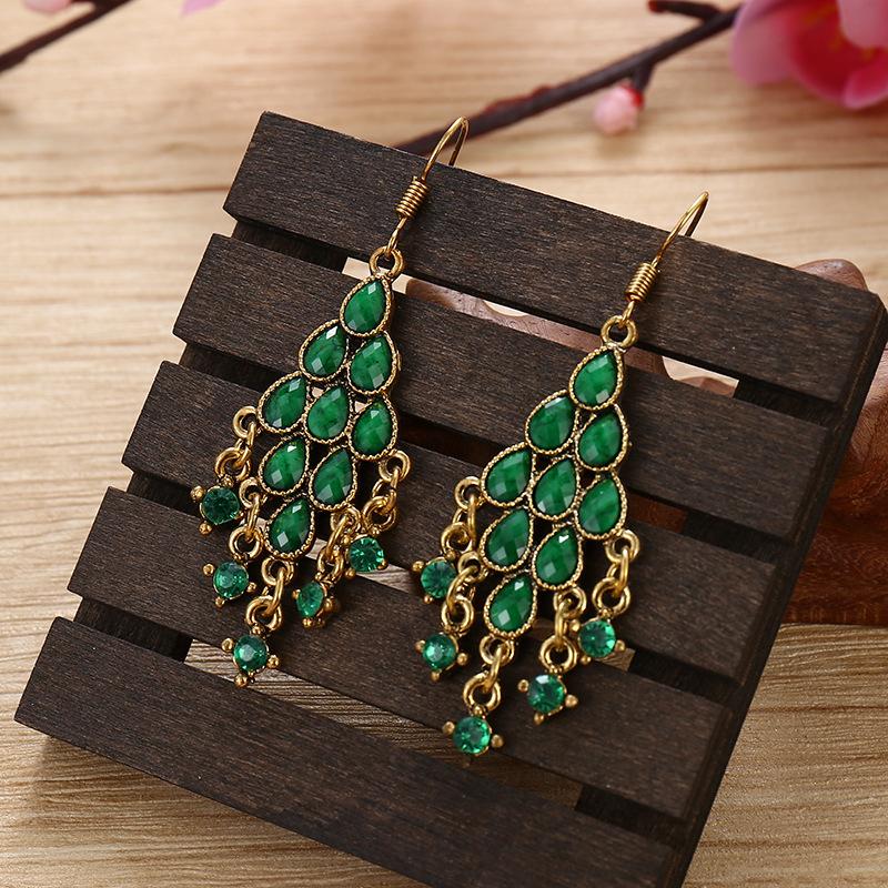 Ethnic Style Green Rhinestone Water Drop Earrings for Women Retro Gold Color Geometric Dangle Earrings Pendientes Mujer Boho