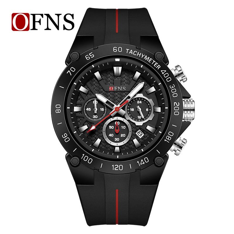 Oufanny Men's Fashionable Multifunctional Waterproof Quartz Watch with Calendar, Three Dials, Six Hands, and Cool Color Blocking