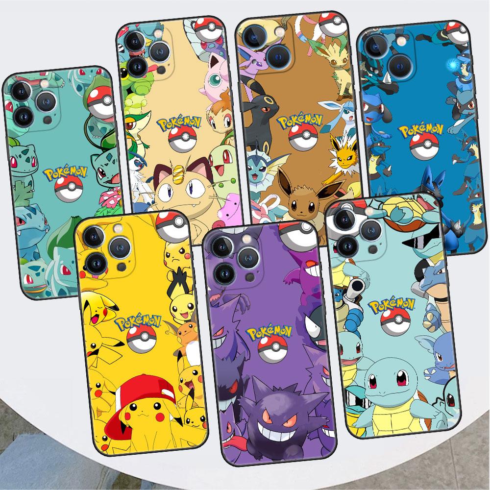 כיסוי לאפל אייפון 11 13 14 12 פרו 7 פלוס XR X XS מקס 6 6S 13 פרו מקס סיליקון שחור פונדה לטלפון פיקה פוקימון חמוד