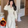 Heart neckline zipper fleece dress winter new women's gentle wind inside with coat inside with medium and long skirt