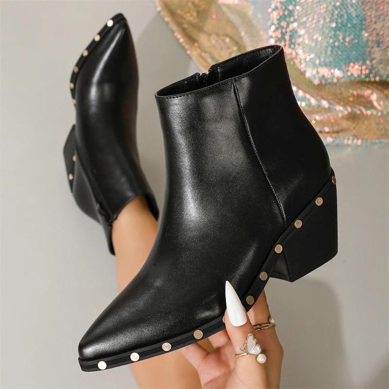 Spring Autumn Designer Rivet Zipper Women Ankle Boot Fashion Pointed Toe Square Heels Elegant Ladies Shoes