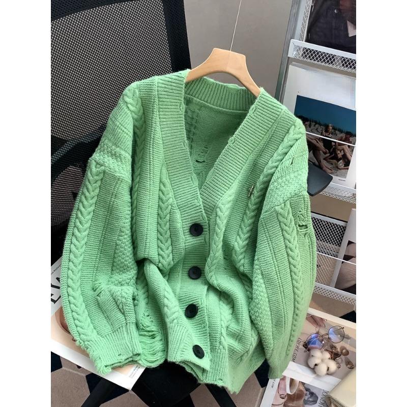 

DIMANAF Большие размеры 2023, зимний свитер, пальто, новый свободный стиль, однотонный зеленый кардиган с отверстиями, женская куртка на пуговицах