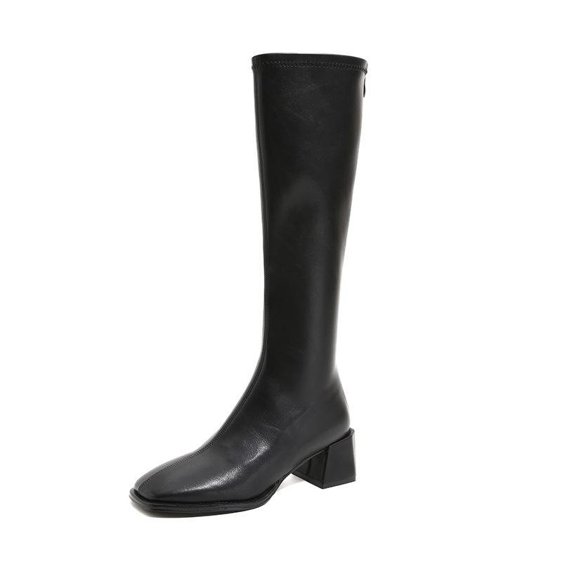 Leather Boots Women's Thick Heel Brown Square Head Tall Knight Boots But Knee Boots Elastic Long Tube 2021 Autumn and Winter