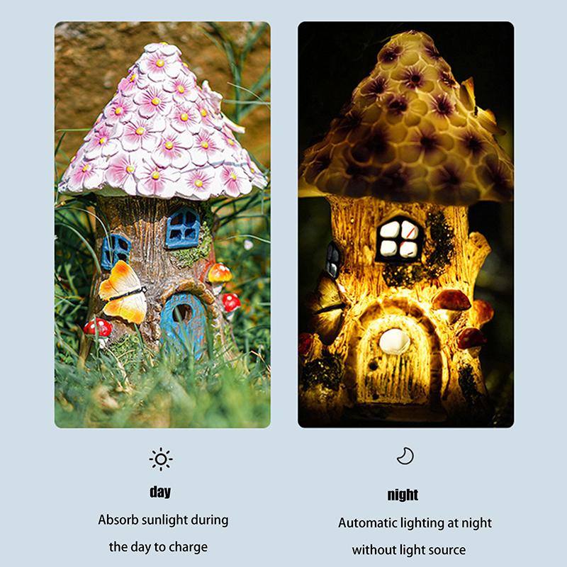 Fairy Garden House Solar Outdoor Statue Light Up Resin Cute Mini Mushroom Figurines Lawn Decorations For Yard Miniature House