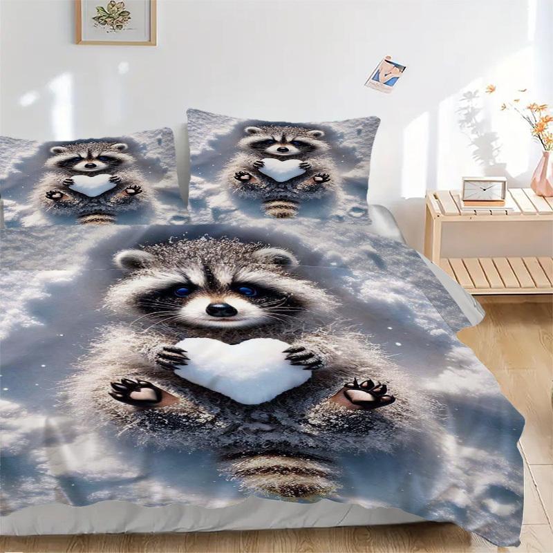 3pcs Raccoon Heart Snowflake Bedding Set - Includes One Quilt Cover and Two Pillowcases (No Core) - Anime Cartoon Design, Polyester Fabric,