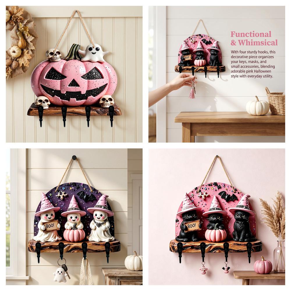 Pink Halloween Wooden Hanging Sign Cute Ghost Black Cat Wall Decoration Hook Holiday Ritual Sense