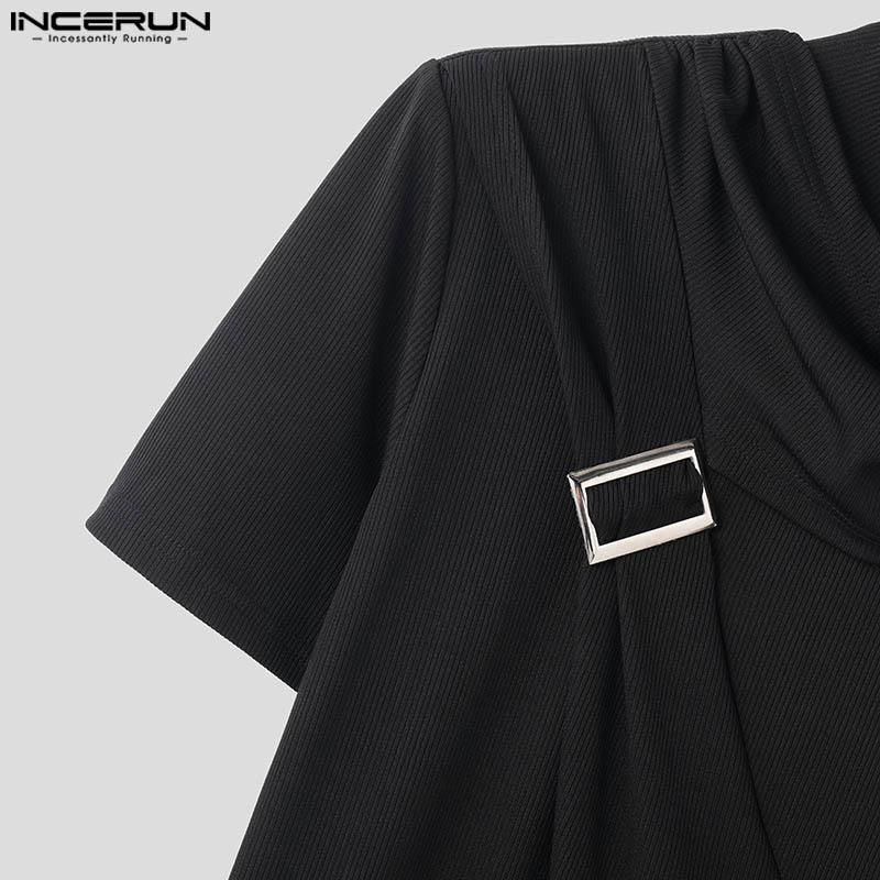 INCERUN Herren T-Shirt mit hohem Wasserfallausschnitt und Patchwork-Ärmeln, legere Passform, unregelmäßige Lagen