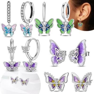 925 Silver Romantic Butterfly Stud Earring Purple Color Suitable Women Luminous Hoop Earring Jewelry Gift Accessory