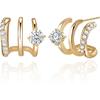 Cercei Rotunzi Placati cu Aur 14K HAXIYA pentru Femei Stud Triplu Huggie Iluzie | Cercei Rotunzi Dubli Huggie pentru o Singură Găură | Cercei Tip Cuff Ureche cu Gheare
