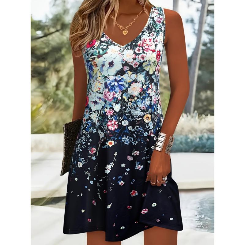 TIFICY Women s Fashion Summer Spring Flower Pattern Print Sleeveless V-Neck Loose Waistline Casual Dresses S чёрный