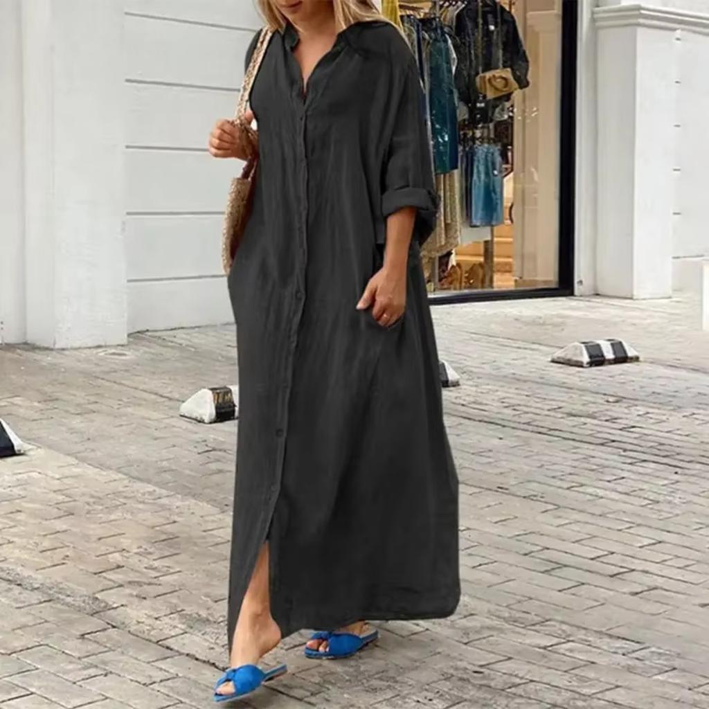 Frühlings Baumwolle Leinen Oversize Damen Kleid Lang Weiß Knopf Locker Kleider Weiblich Neu Lässig Trendig Elegant Damen Kleidung