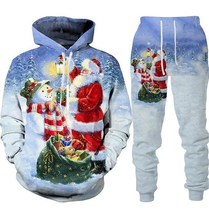 2024 Herbst-Winter 3D-Druck Herren Weihnachts-Kapuzenpullover Sweatshirt Set
