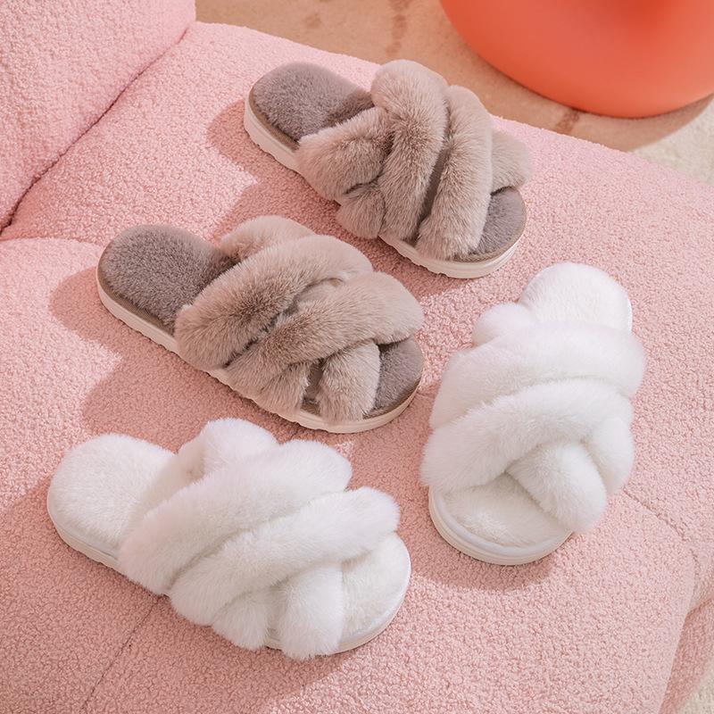 Women Fluffy Slippers Winter Warm Plush Slipper Cross Straps Fur Slipper Winter Warm Home Slippers for Women Flat Cotton Slides