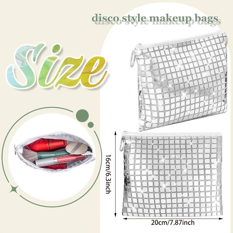 WTEMPO Disco Style Makeup Bag for Women Disco Party Favors Portable Silvery Zipper Cosmetic Bag Bachelorette Bridal Soft Bag