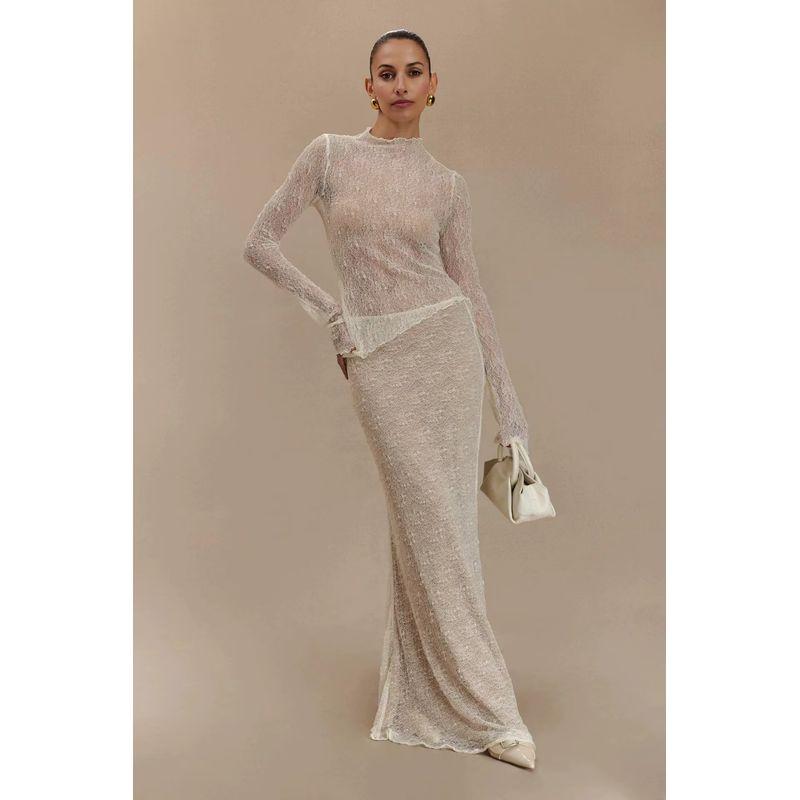 

European and American Sexy Lace Perspective Mesh Top Long dress Set Sexy Lace Top and Skirt Set White L