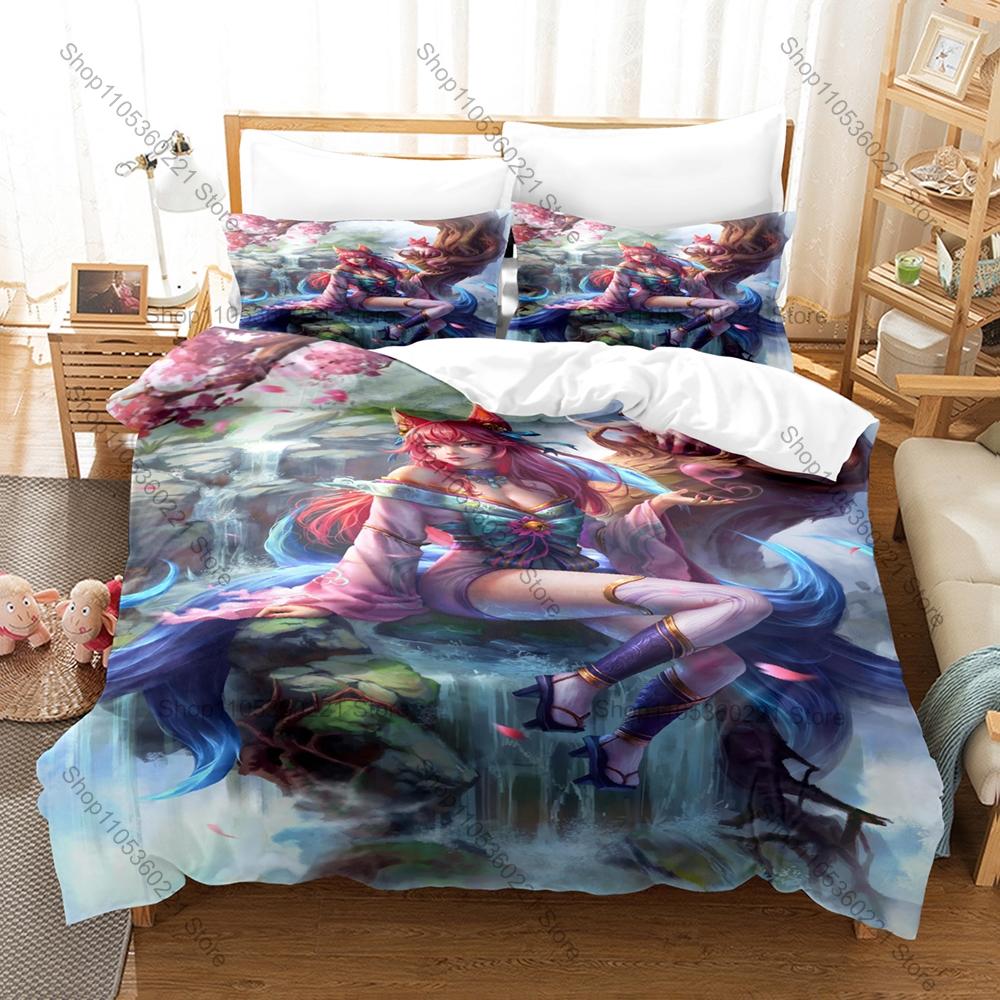 Fantasy Game Bedding Set, Duvet Cover & 2 Pillowcases, Classic Ahri Spirit Blossom Design Comfortable Home Supplies