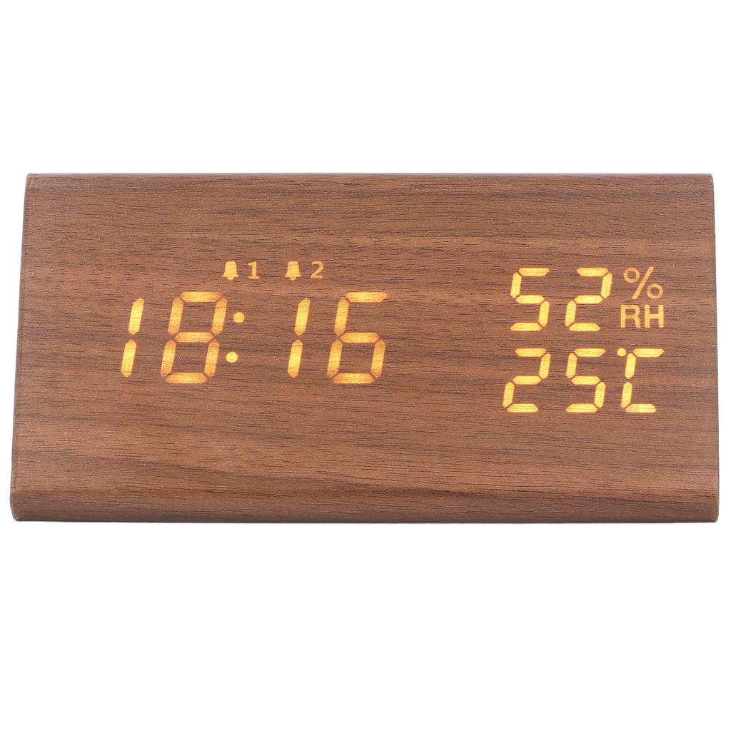 LED Digital Alarm Clock Multipurpose Wooden Clock with Voice Control Humidity Temperature Week Time Display Brown Wood