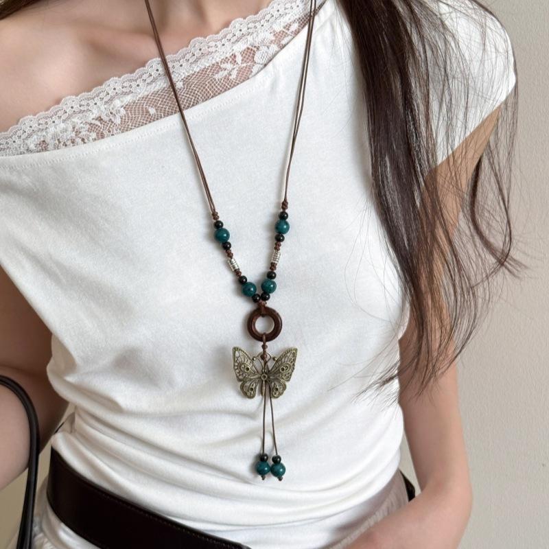 Vintage náhrdelník v bohémském stylu pro dívku, etnický styl, keramický přívěsek s motýlem, náhrdelník, šperk, dárek