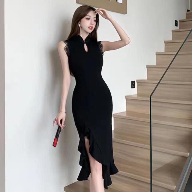 

2025 Young Style Sleeveless Ruffle Lace Trim Cheongsam Midi Dress Small