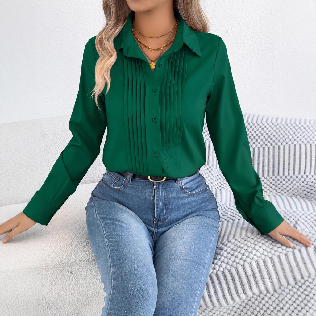 Women Pleated Front Button Down Long Sleeve Blouse