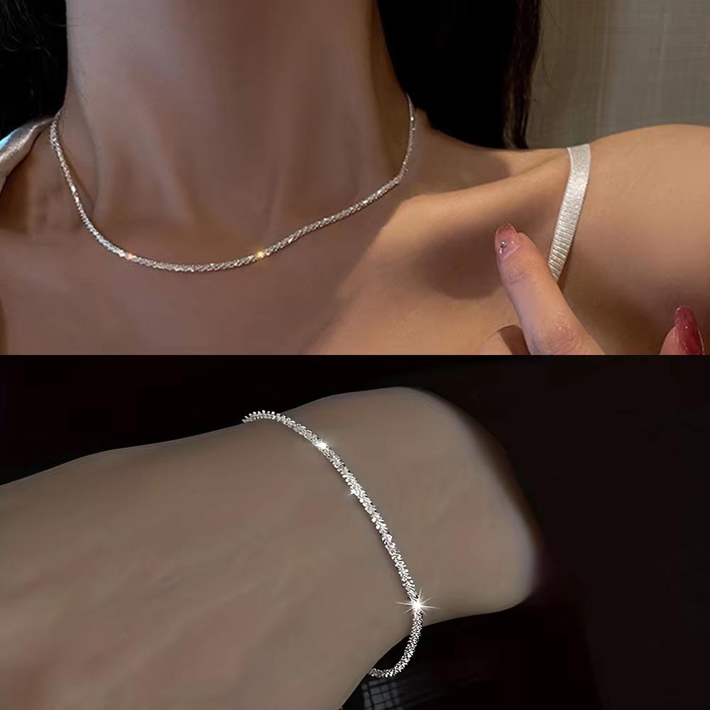 Set of Shiny copper Plated Collarbone Chain Necklace Bracelet Jewelry, Women's Minimalist Starry Sky Accessories
